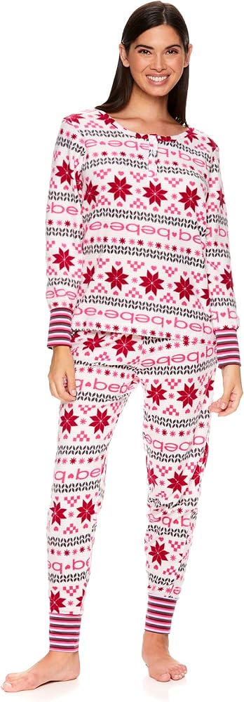 bebe Womens Long Sleeve Shirt and Skinny Leg Pants Lounge Pajama Sleep Set