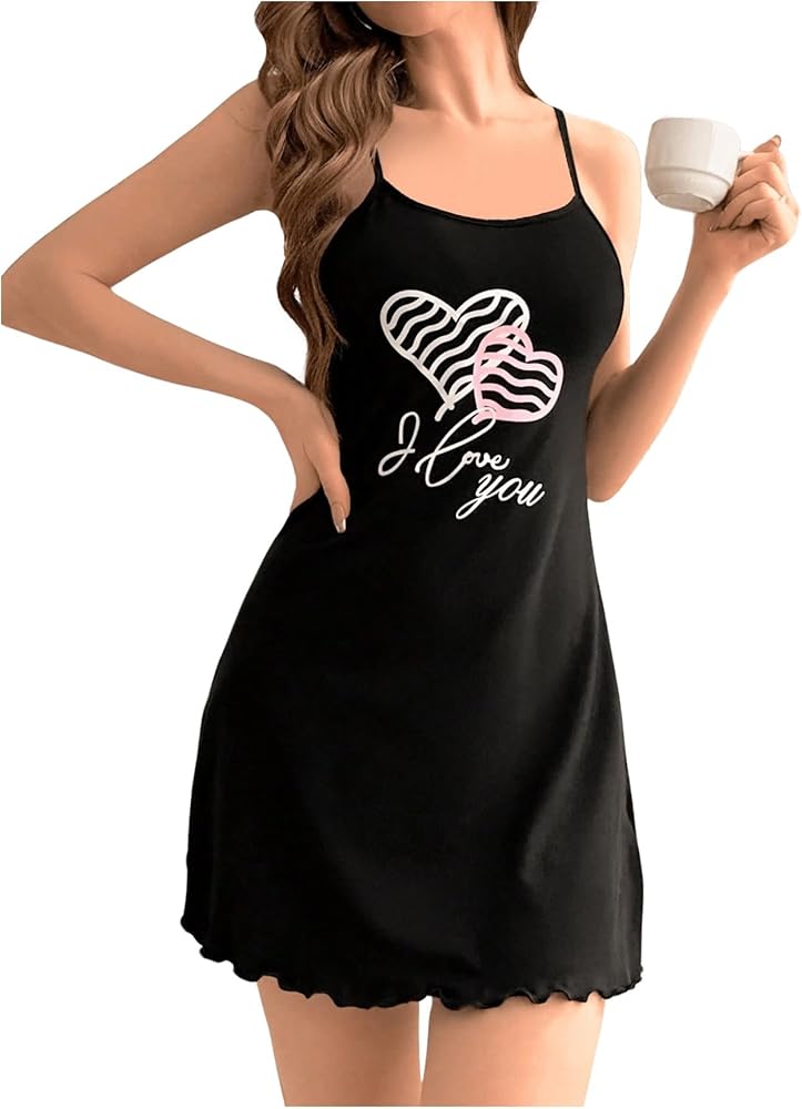 SOLY HUX Women's Nightgown Heart Letter Print Cami Slip Dress Spaghetti Strap Nightdress Sleepwear