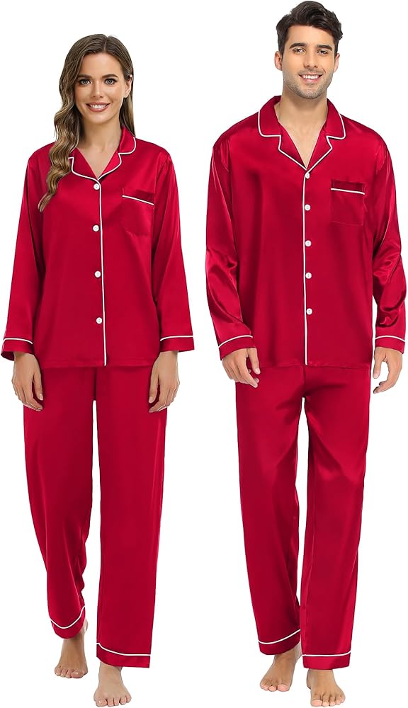 SWOMOG Couple Matching Pajamas Set Silk Satin Button Down Sleepwear Long Sleeve Nightwear 2 Pcs Pj Set