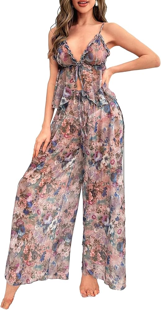 Verdusa Women's 2 Piece Floral Print Mesh Pajama Sets Tie Front V Neck Cami Top and Pants