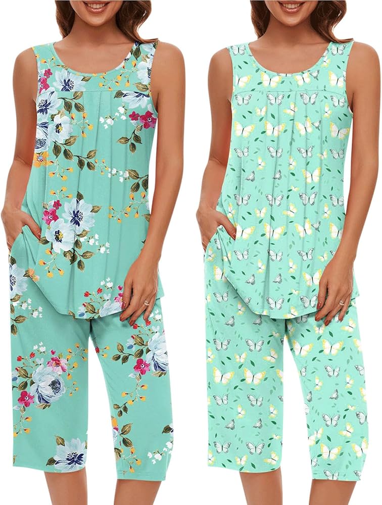 TANGNADE 2 Pack Womens Two Piece Pajamas Sleeveless Sleepwear Tops and Capri Pants Pjs Comfy Pajama Sets Lounge Set