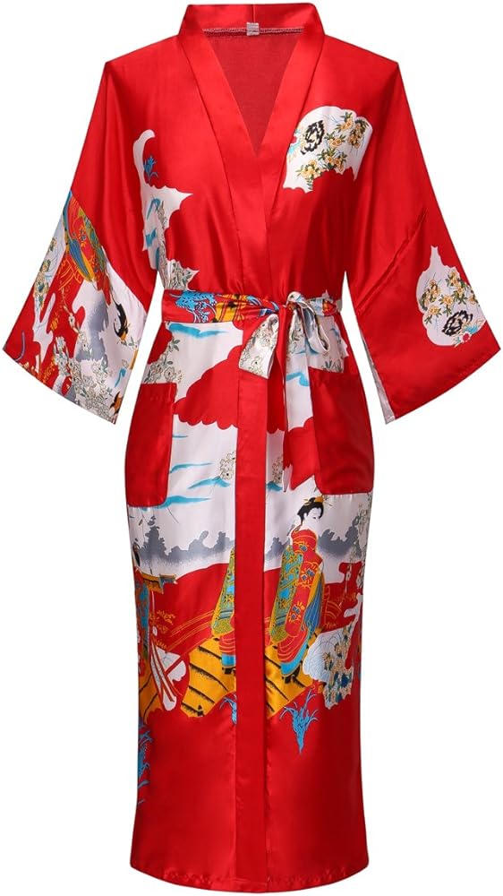 Women's Floral Kimono Robe Long Silky Bathrobe Sleepwear Bridesmaid Wedding Dressing Gown