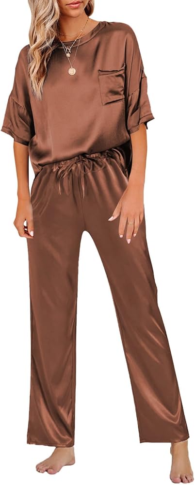 LYANER Women's Satin Silk Pajama Set Short Sleeve T-shirt with Pants Set PJ Loungewear