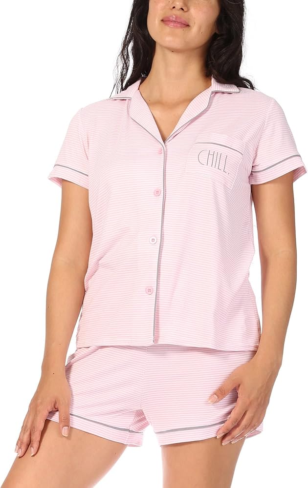 Rae Dunn Women's LOVE Short Sleeve Button Up Notch Collar Shirt with Pocket and Shorts Pajama Set