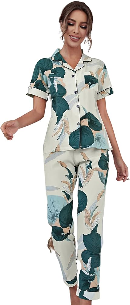 WDIRARA Women's Sleepwear Floral 2 Piece Pajama Set Short Sleeve Shirt and Pants Loungewear