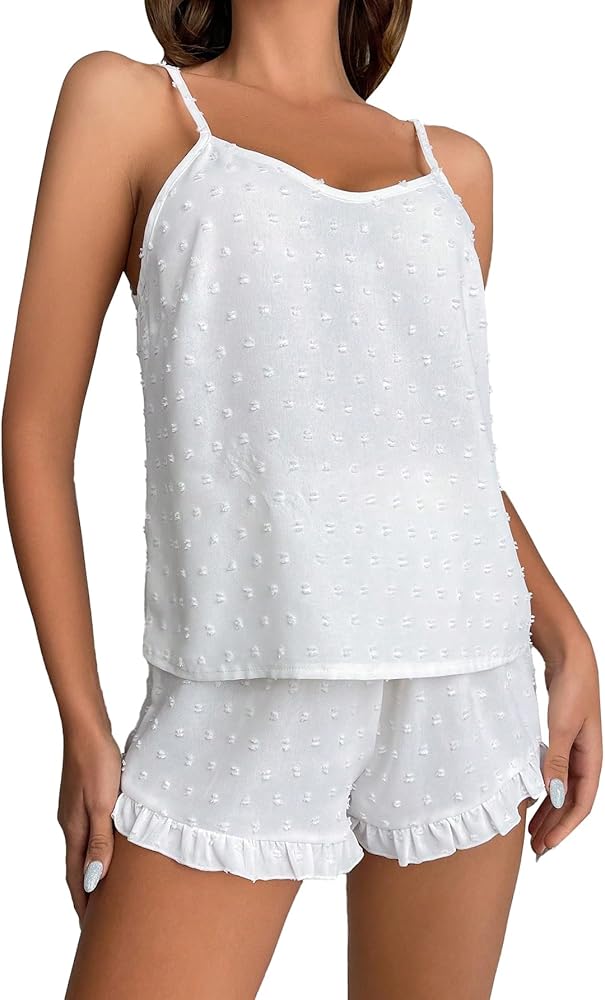 SOLY HUX Women's Swiss Dots Ruffle Hem Pajama Set Cami Top and Shorts Loungewear Sleepwear