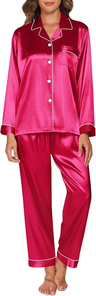 GAESHOW Women Silk Pajamas Set Long Sleeve Ladies Satin PJ Sets Button-Down Pajama Sleepwear Loungewear S-XXL