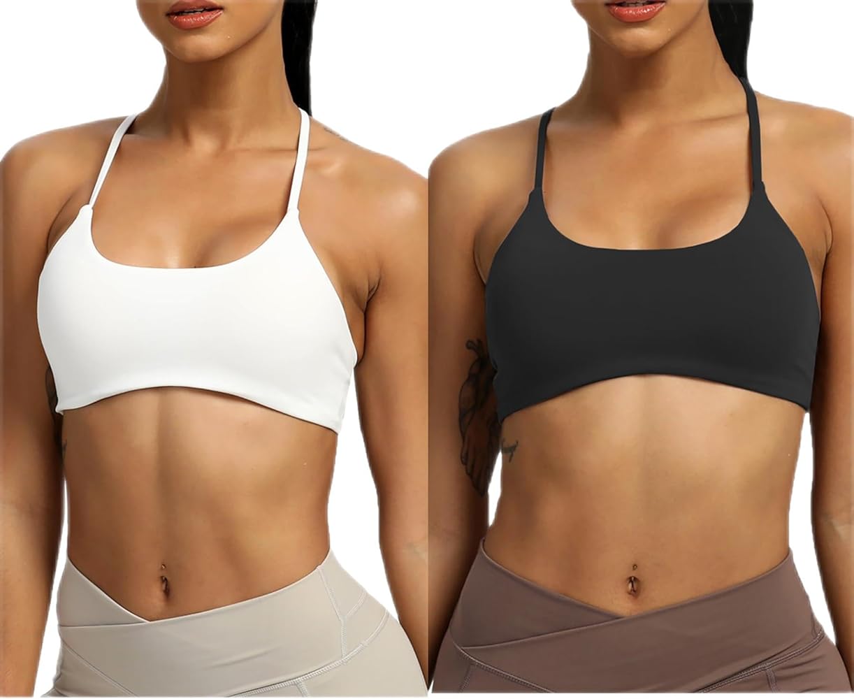 Aoxjox Women's 2 Piece Workout Sports Bras Fitness Backless Padded Ivy Low Impact Bra Yoga Crop Tank Top(Black&White,Small)