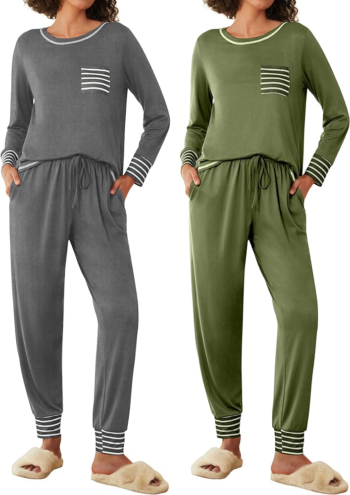 Ekouaer 2 Pack Womens Pajama Sets Long Sleeve Lounge Sets Soft Pj Sleepwear with Jogger Pants