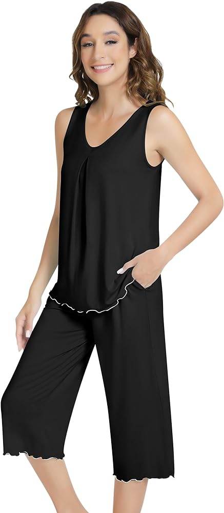 NACHILA Pajamas for Women-Viscose Made from Bamboo,Sleeveless Sleepwear Pleated Tank Top Pjs with Capri Pants Soft Pj