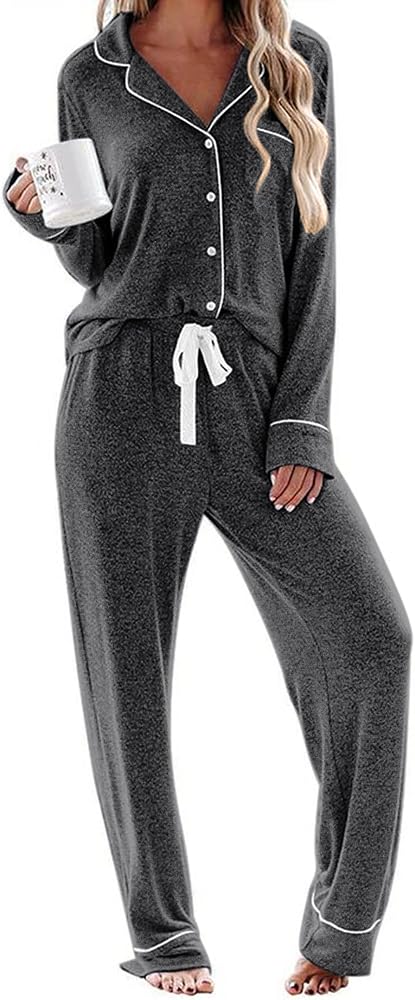 Ekouaer Women's Pajamas Long Sleeve Sleepwear Casual Button Down Loungewear Soft Pjs Set S-XXL