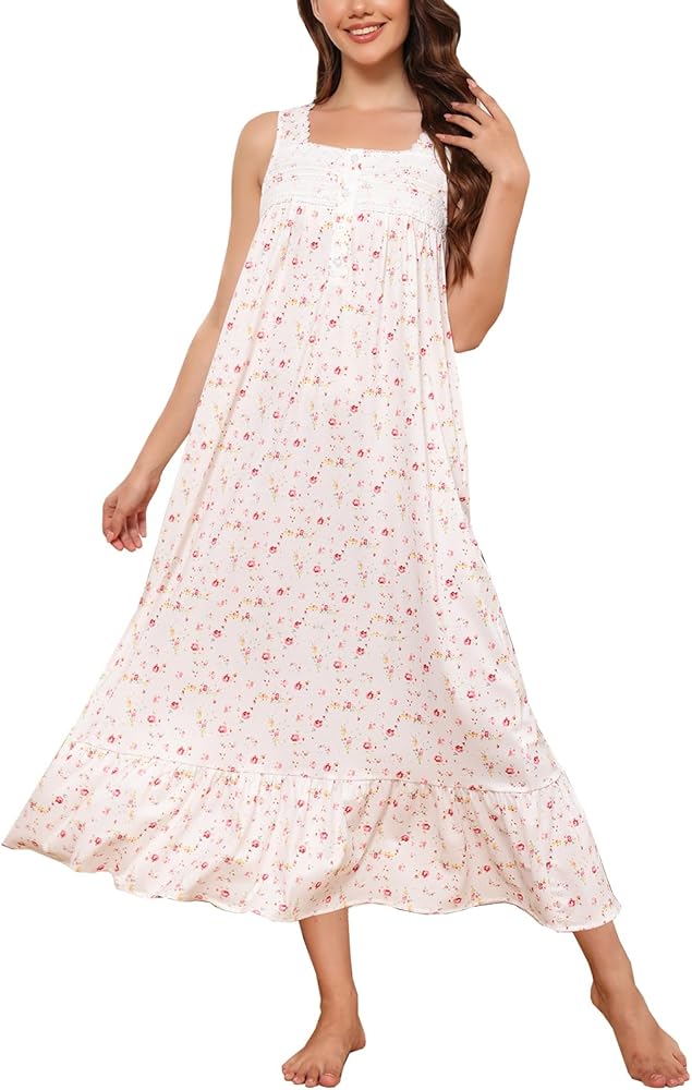 Rubehoow Nightgown Women's Cotton Sleeveless Nightdress Lace Long Sleep Gown with Pockets