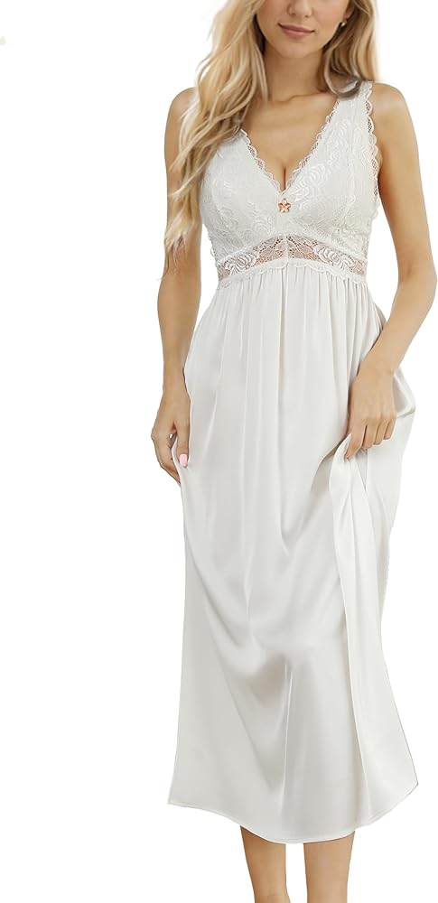 Mist Azur Womens Nightgown Long Sexy Silky V neck Chemise Lace Sleeveless Sleepwear for women Elegant