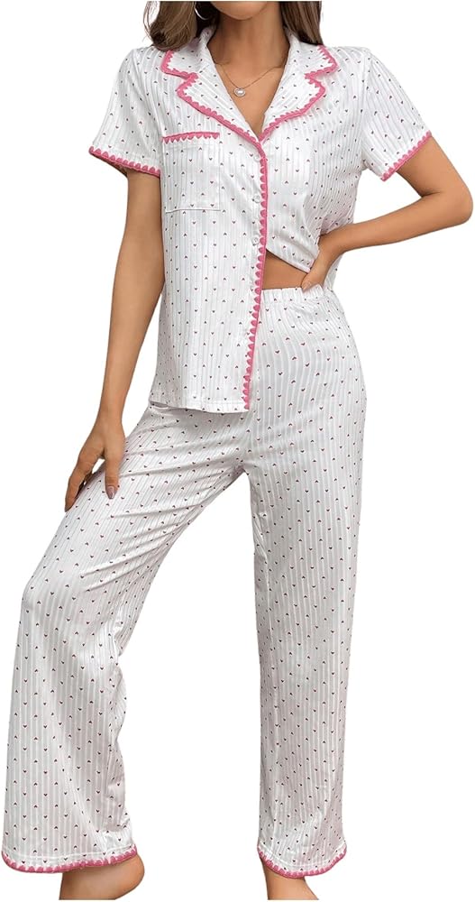 Women's Pajama Sets 2 Piece Sleepwear Heart Print Button Down Short Sleeve Shirt with Pants Loungewear Pj Set