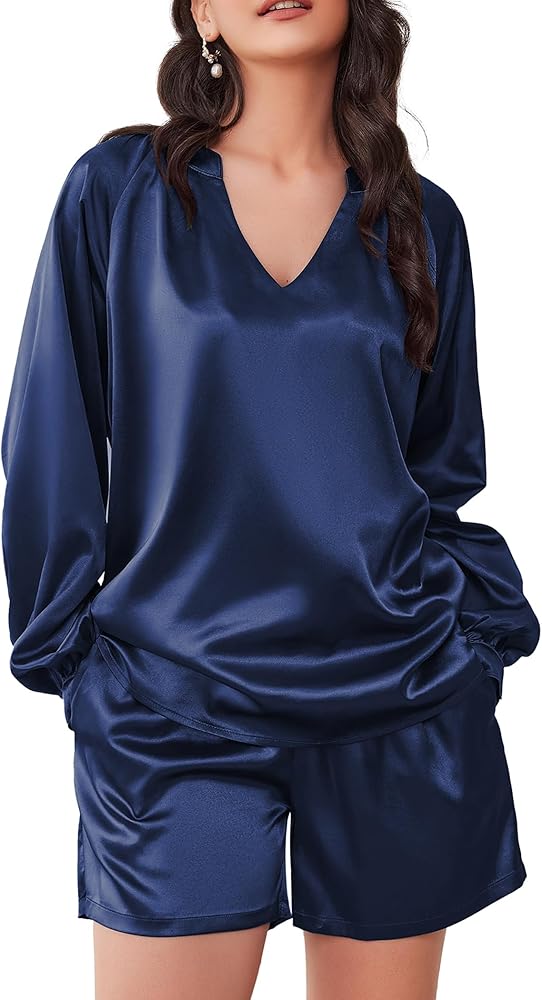 Ekouaer Satin Pajamas Set for Women V Neck Long Sleeve and Shorts 2 Piece Matching Lounge Set with Pockets