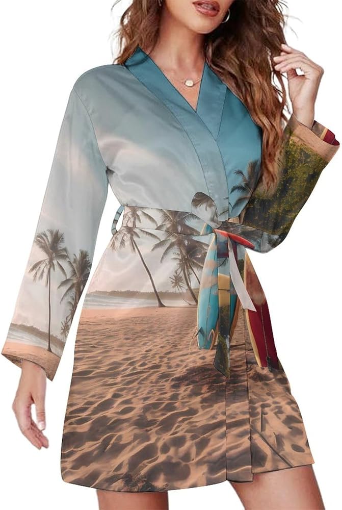 Surfboard Palm Tree Women's Nightgown Long Sleeve Night Robe Sleepwear V-Neck Pajama Dress Loungewear