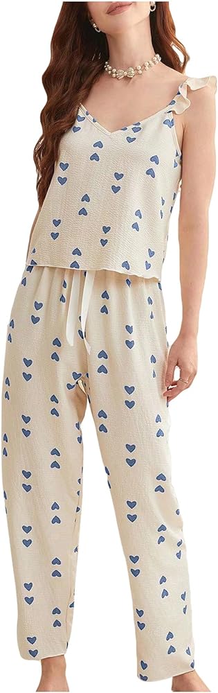 Verdusa Women's 2 Piece Ruffle Trim Button Front Cami Top Pants Pajama Lounge Set