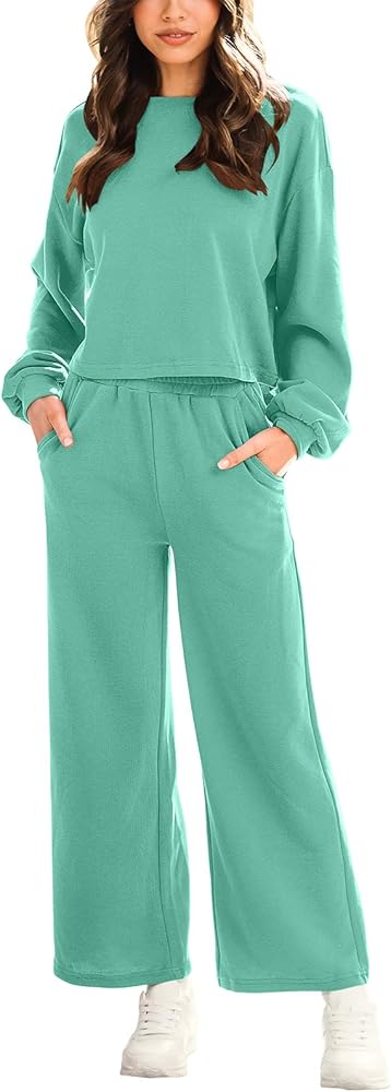 ANRABESS Women’s Two Piece Outfits Long Sleeve Crop Top Wide Leg Sweat Pants Knit Sweatsuit Fall Lounge Matching Clothes Set