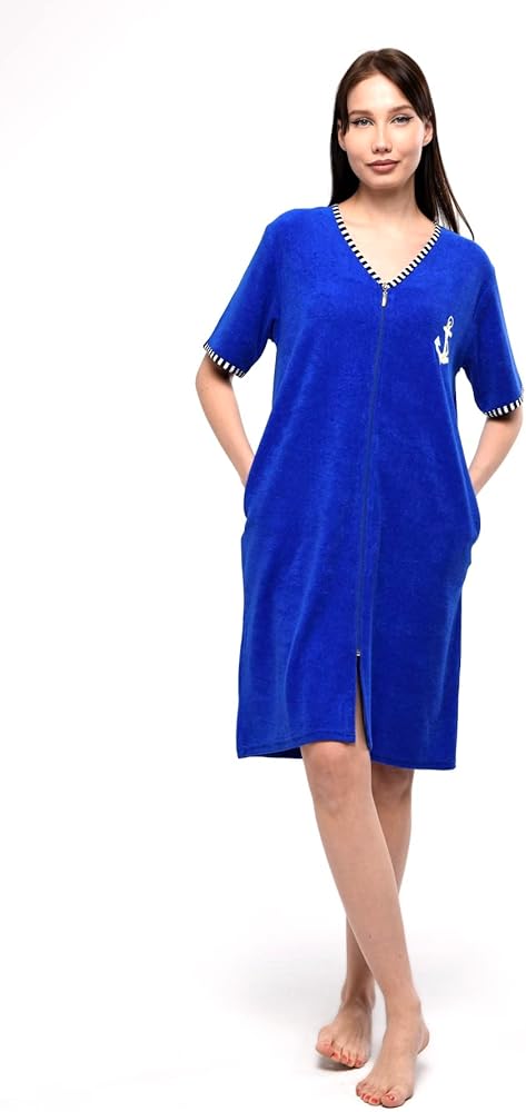 Womens Terry Cotton Zipper Front with Anchor Embroidery Two Side Pockets Robe Beach Dress Sleepwear