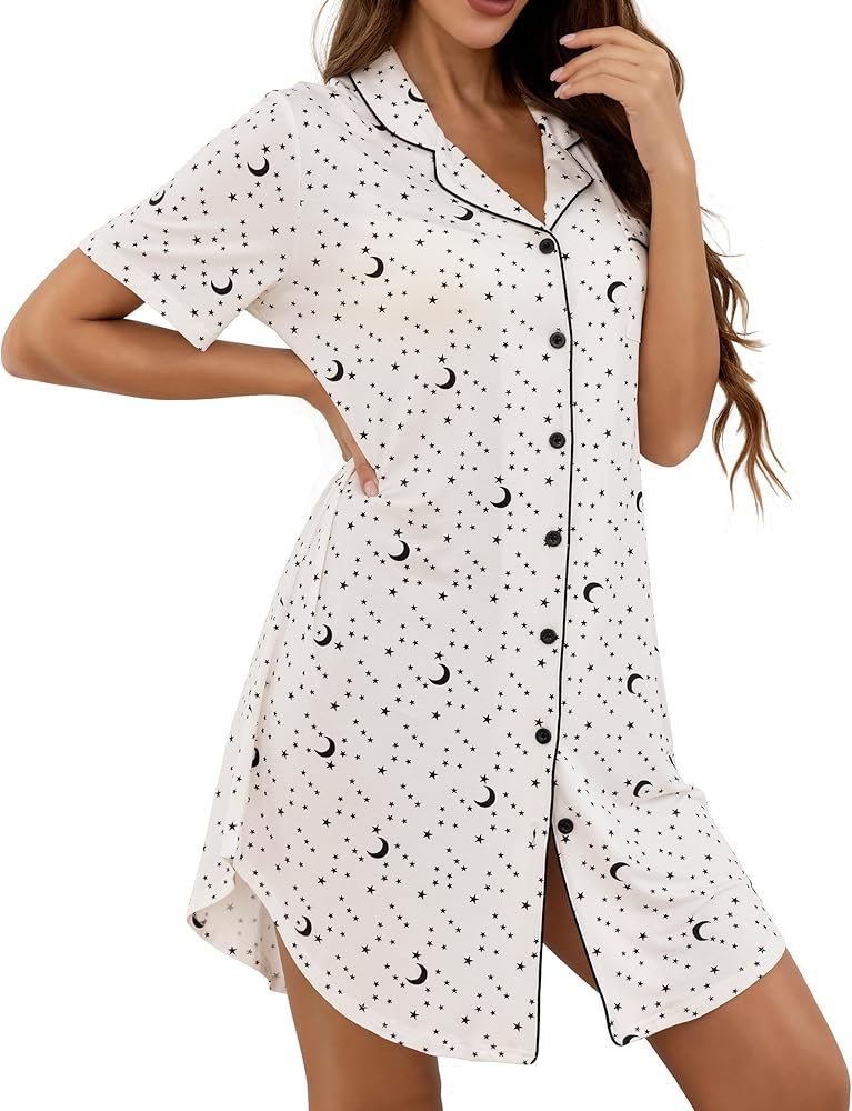 Nightgowns for Women V Neck Short Sleeve Sleepwear Button Down Pajama Dress