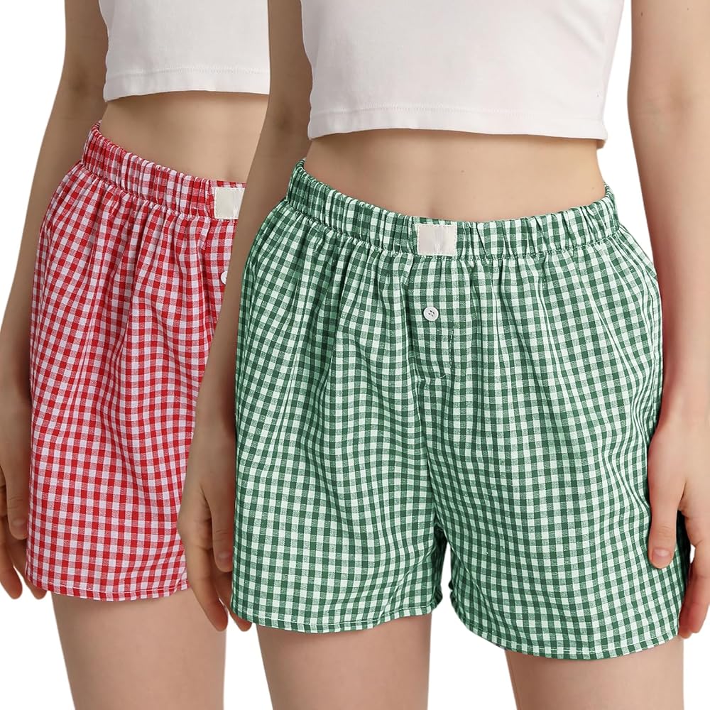 Yimoon 2 Pack Y2K Plaid Shorts for Women Gingham Pajama Boxer Shorts Elastic Waist Checkered Lounge Shorts Sleepwear