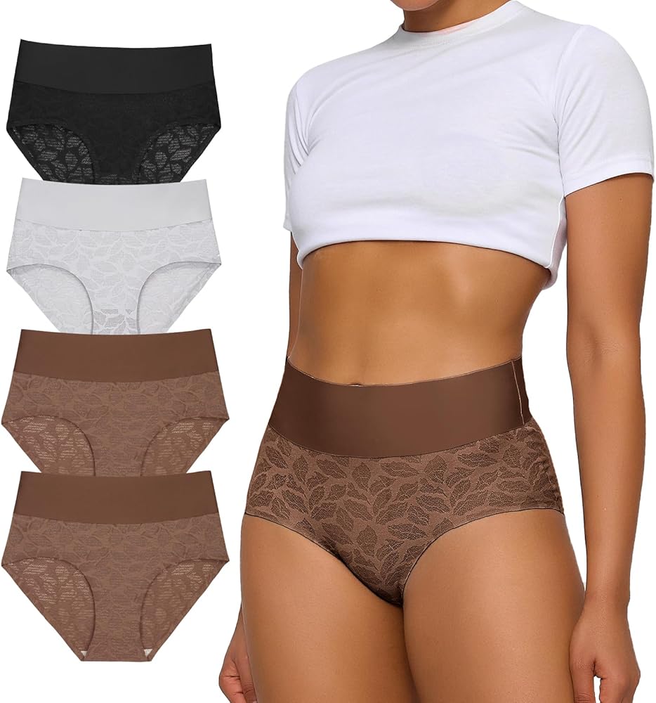 FallSweet Seamless High Waisted Lace Underwear No Show Panties Sexy Smooth Wide Band Briefs Pack