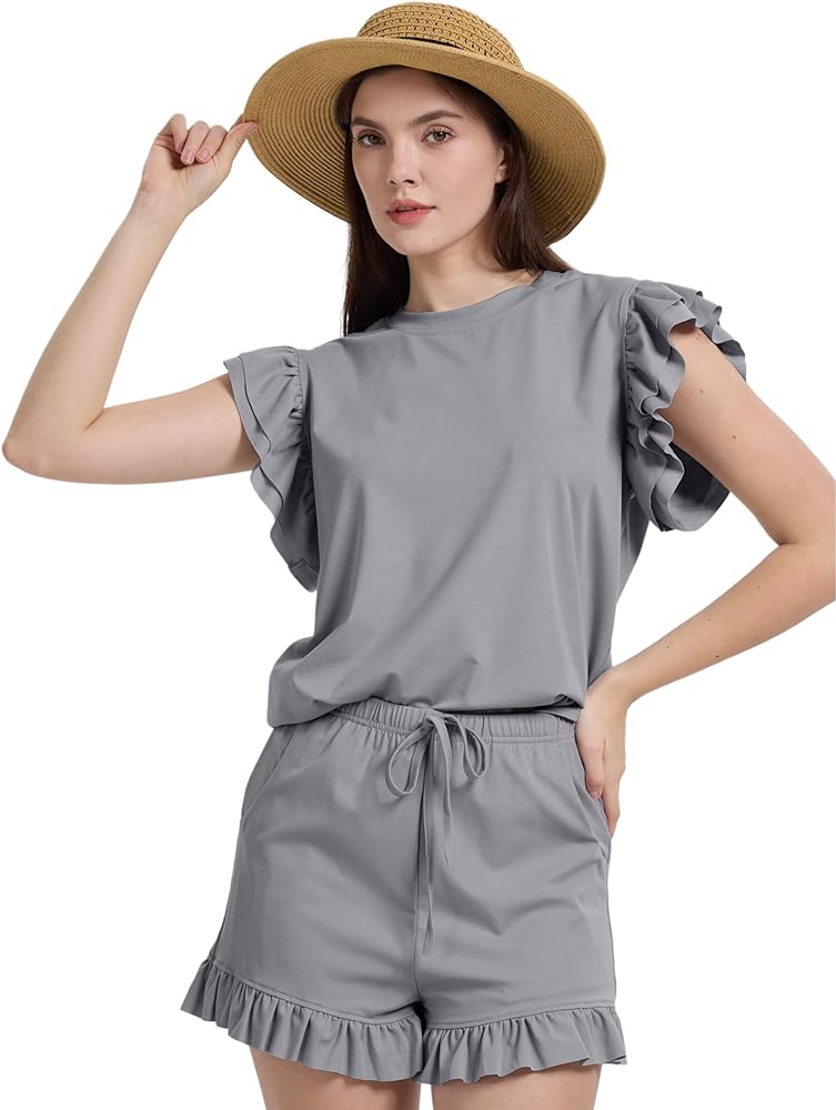 Womens 2 Piece Outfits Short Flounce Sleeve Blouse Shirt Elastic High Waist Shorts with Pockets Sleepwear Pjs Sets