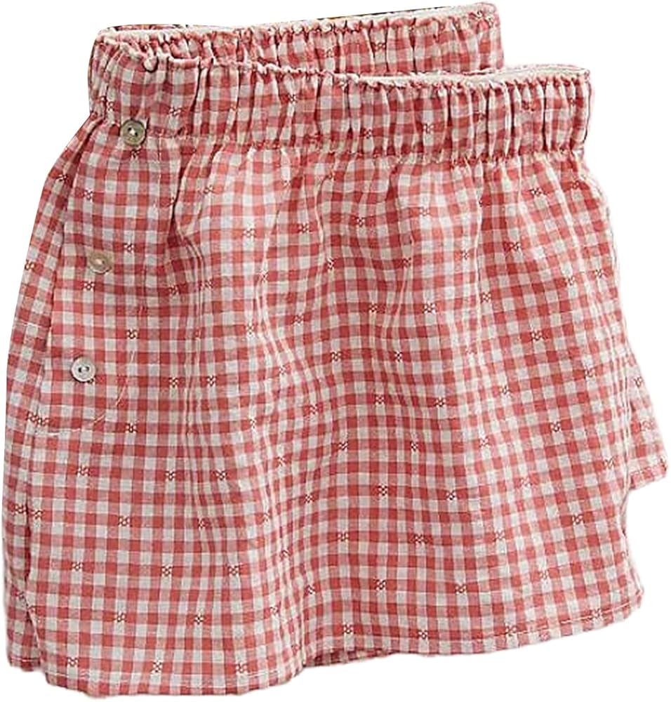 Women Y2k Cute Lounge Shorts Striped Plaid Pajamas Shorts Elastic Waist Button Pj Bottoms Boxer Shorts Sleepwear