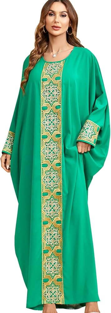 Flygo Women's Batwing Embroidery Long Sleeve Oversized Maxi Dress Sleep Loungewear(FloralEmbroideredGreen-One Size)