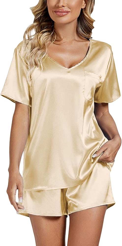 Women's Satin Silky Pajamas V Neck Short Sleeve T-shirt With Shorts Sleepwear PJ Set