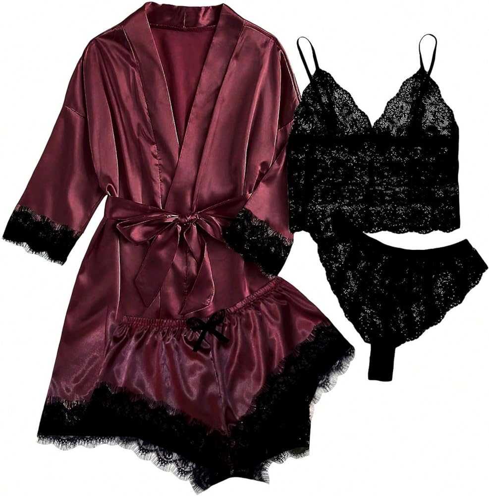 Women's Lace Sleepwear Outfits 4 Piece Pajama Set Long Sleeve Satin Floral Lace Cami Top Lingerie with Belted Robe