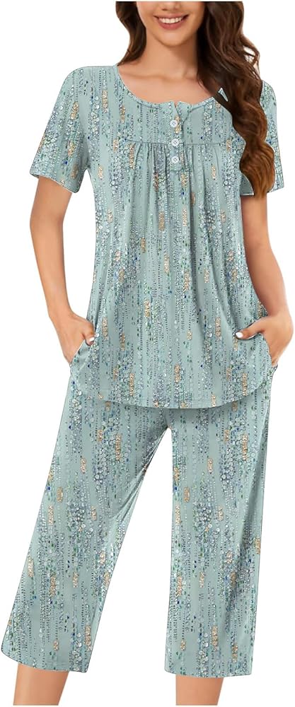 Boho Capri Pajamas Sets for Women Soft Sleepwear Short Sleeve Button Crewneck Tops and Cropped Pants with Pockets