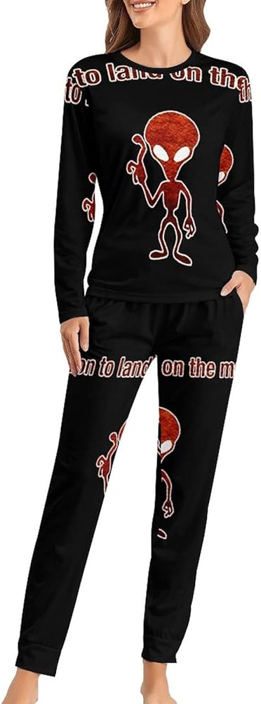 Person to Land on The Moon Casual Pajamas For Women Set Long Sleeve Sleepwear Nightwear Loungewear