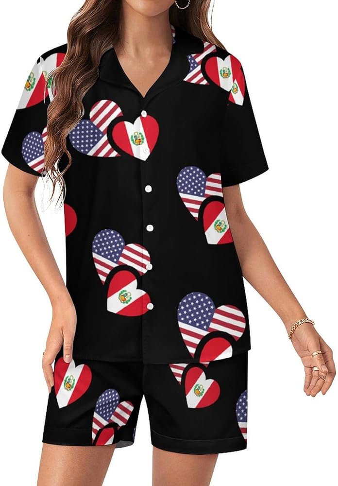 Peru US Flag Short Sleeve Women's Pajamas Button Down Loungewear Pj Shorts Sets Sleepwear