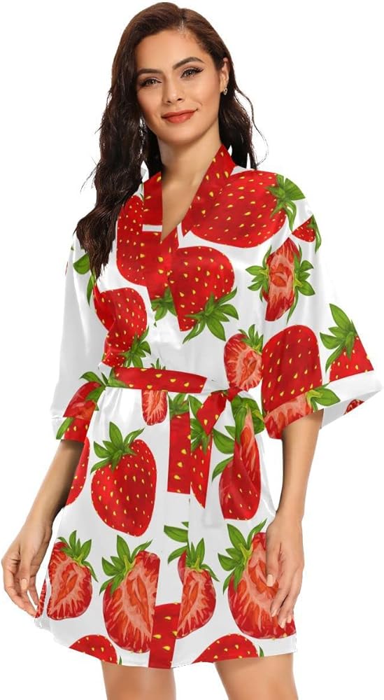 Women Kimono Robes Organic Garden Forest Strawberry Dressing Gown Bathrobe Bridesmaid Robe Nightwear