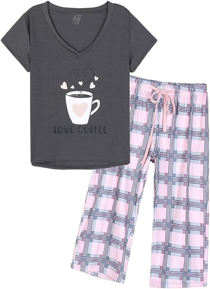 HONG HUI Women's Capri Pajama Sets Plus Size Sleepwear Top with Capri Pants 2 Piece Sleep Set