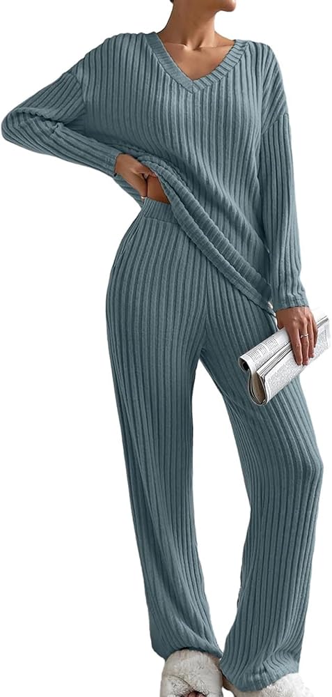 SHEWIN Women's Pajama Sets Long Sleeve 2 Piece Lounge Sets Ribbed Knit Sweater Sleepwear