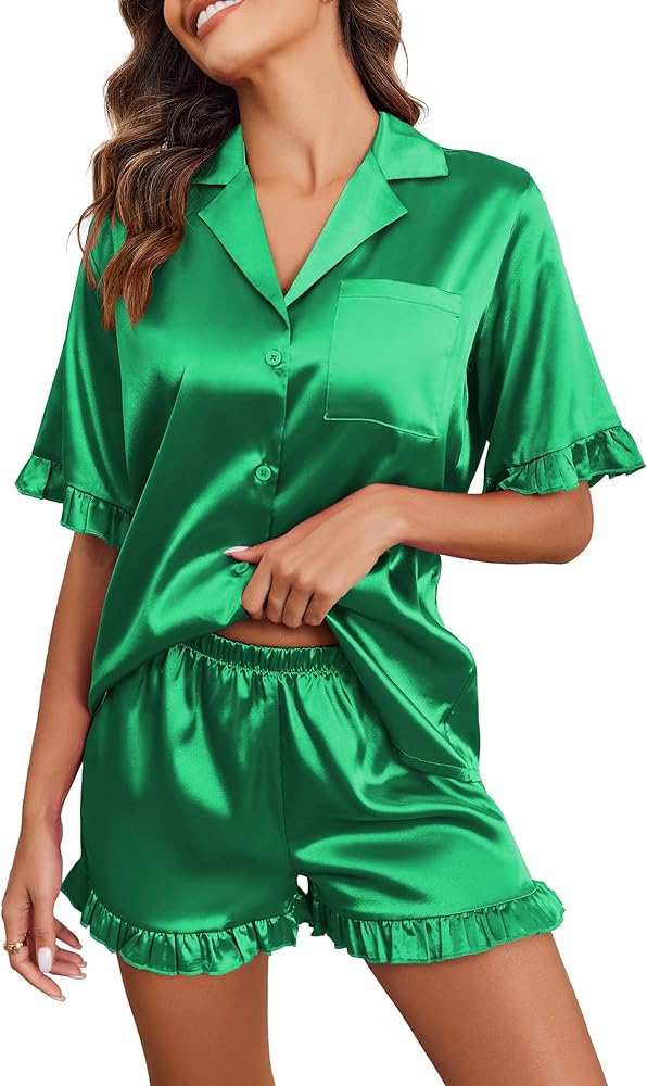 Ekouaer Womens Satin Pajamas Set Button Down Silk 2 Piece Pj Sets Ruffled Short Sleeve Sleepwear