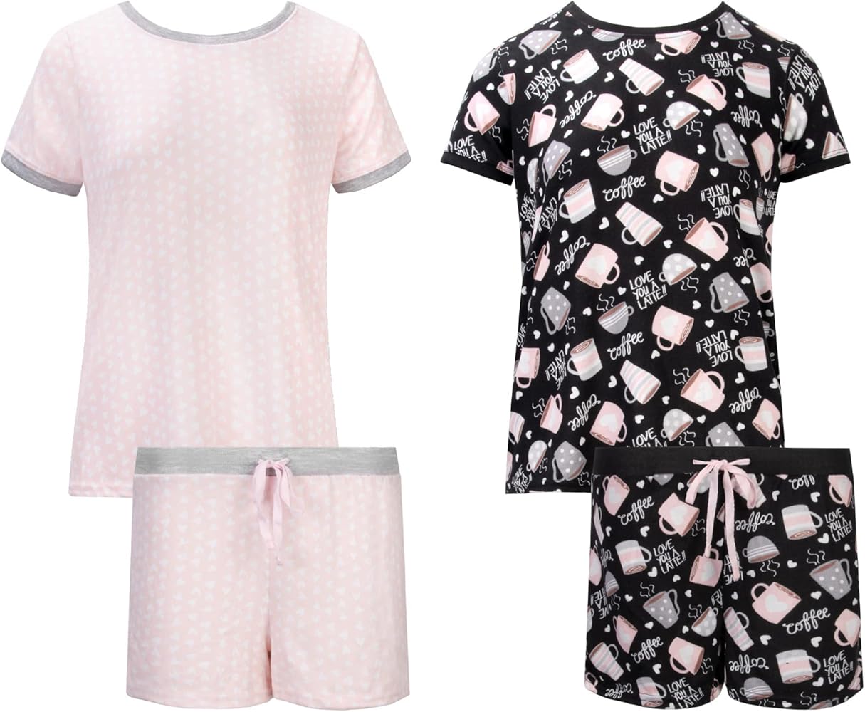 4 Piece: Short Sleeve Top with Shorts Sleep Set - Soft and Cozy Loungewear Pajamas