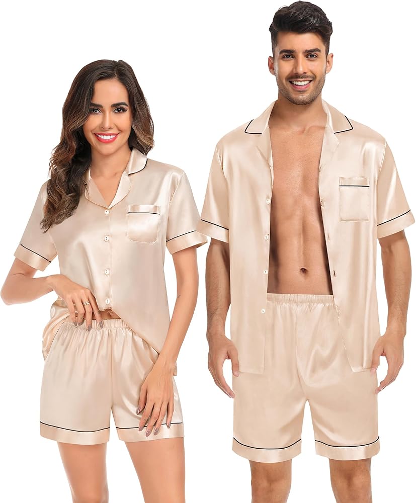 SWOMOG Couples Matching Pajamas Set Satin Short Sleeve Button Down Tops Silk Shorts Pj Lounge Set Soft Sleepwear