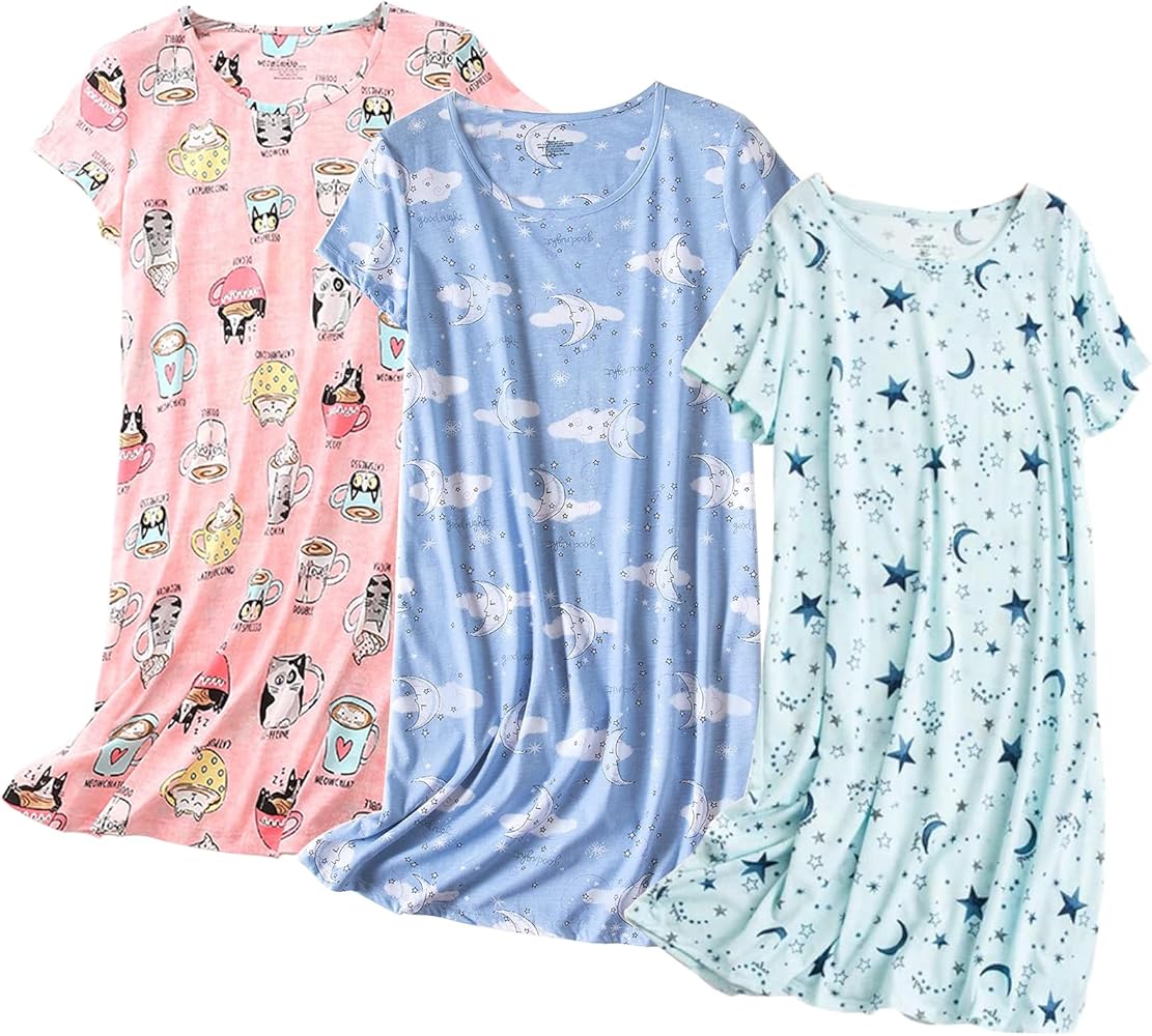 Arssm 3 Pack Women Nightgowns Sleepwear Cotton Short Sleeves Nightshirt Casual Floral Print Soft Sleepdress