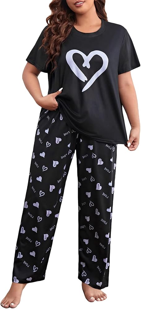 Floerns Women's Plus Size Pajamas Graphic Print Short Sleeve Tee with Pants Pj Set