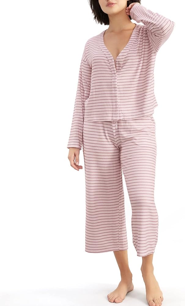 Splendid Cardigan Knit Cropped Pajama Set XS, Pink Cameo/Stripe