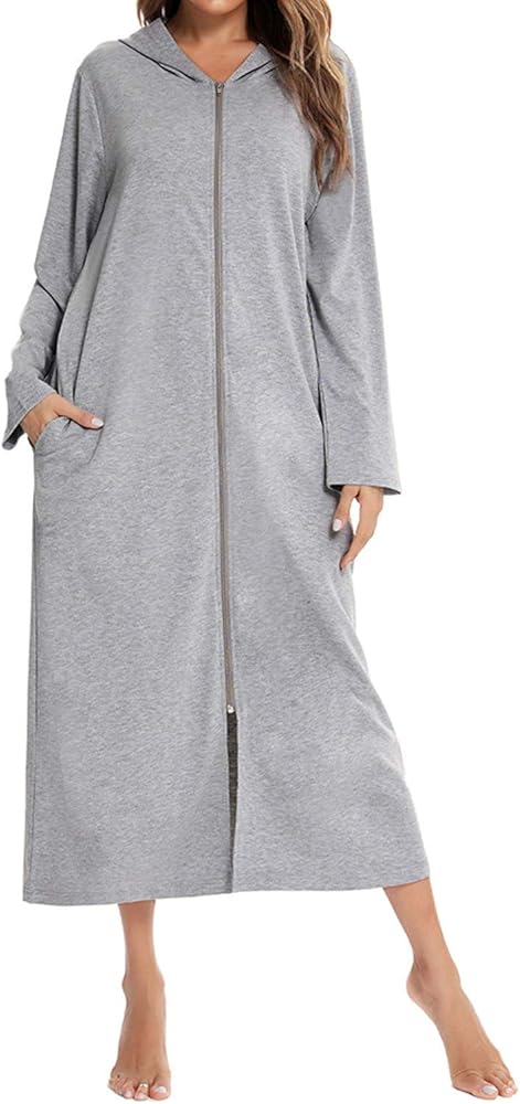 Lu's Chic Women's Long Robe Hooded Bathrobe Zipper Up Duster Full Length Solid Pocket Housecoat Sleepwear