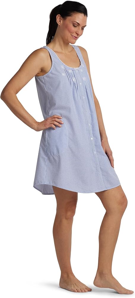 Miss Elaine Nightgown - Women's Seersucker Short Gown, Sleeveless & Button Front, Sleepwear