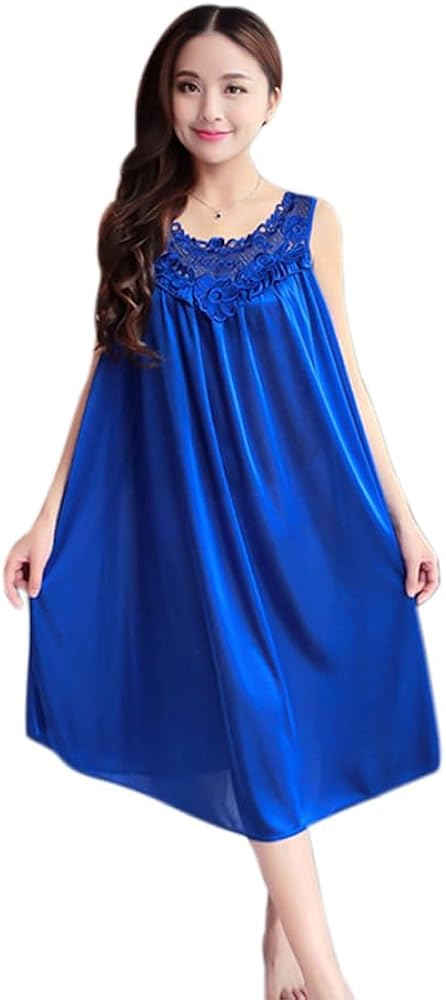 Women's Satin Nightgown, Nightwear, Home Wear, Sleepwear Short Sleeves, Sleeveless Sexy Shirt. (Sleeveless, Blue)