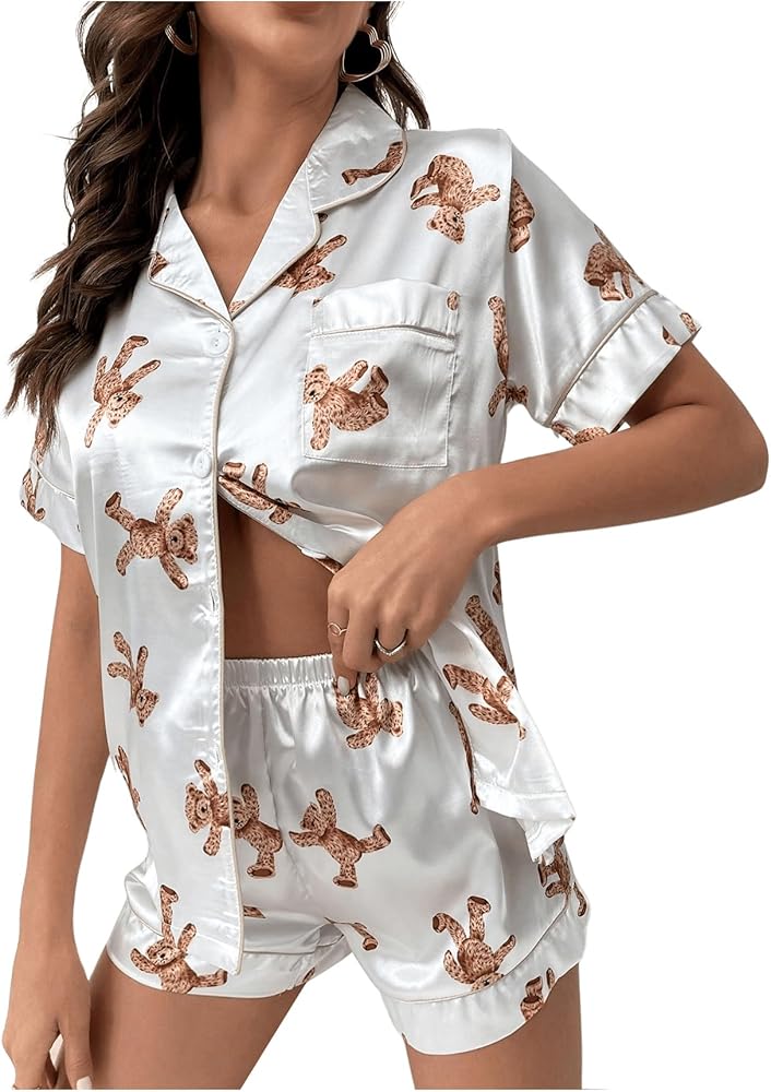 WDIRARA Women's 2 Piece Satin Bear Print Short Sleeve Pajama Set Stand Collar Button Down Sleepwear with Pocket