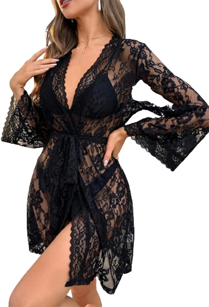 Verdusa Women's Long Sleeve Scalloped Sheer Lace Nightgown Sleepwear Night Robe Black S