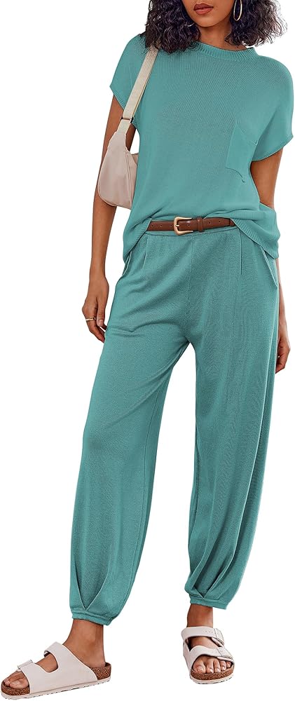 Ekouaer Women's 2 Piece Lounge Set Cap Sleeve Tops and Jogger Pants Knit Pajama Sweatsuit S-XXL