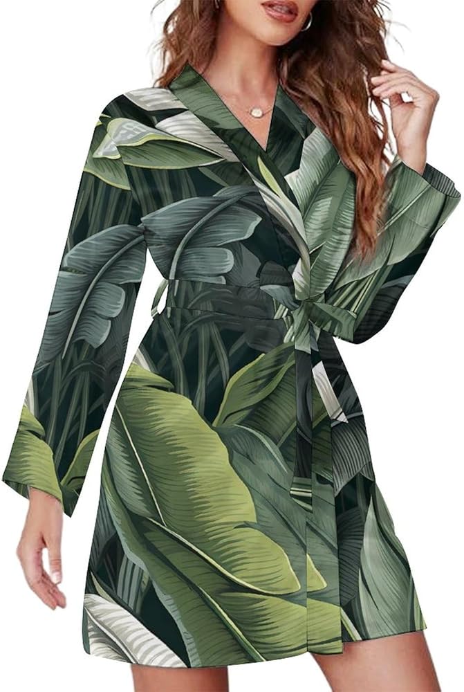 Banana Leaf Women's Nightgown Long Sleeve Night Robe Sleepwear V-Neck Pajama Dress Loungewear